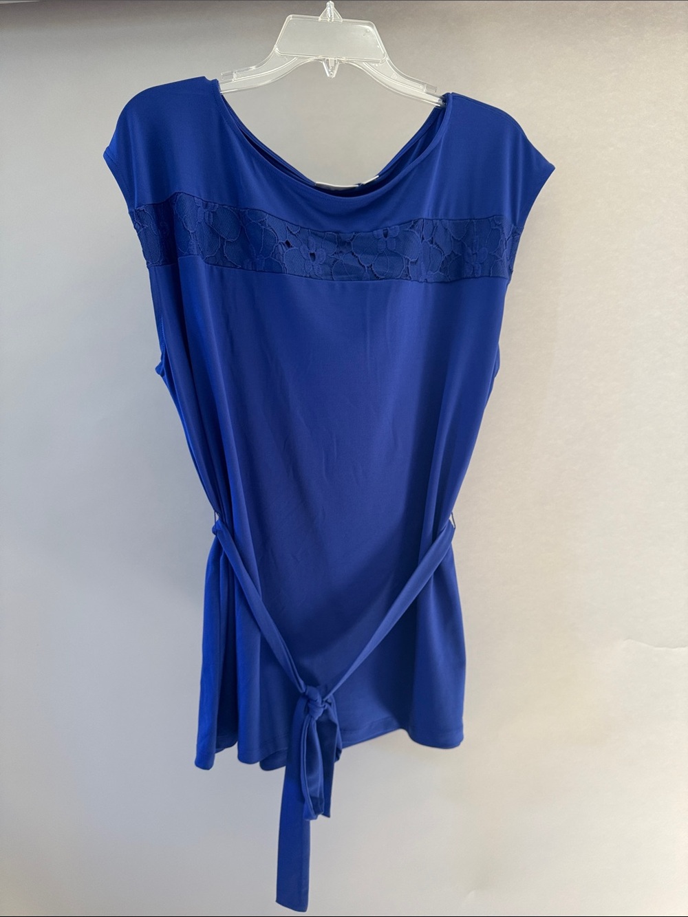 New York & Company Royal Blue Cap-Sleeve Lace-Trim Tie-Waist Tunic